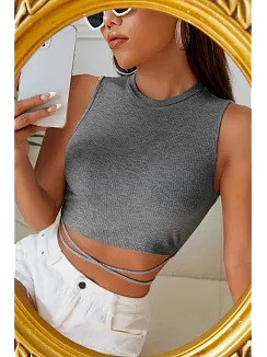 Kadın Gri Çapraz Bağlamalı Crop Top Büstiyer – Modern Ve Şık Tasarım