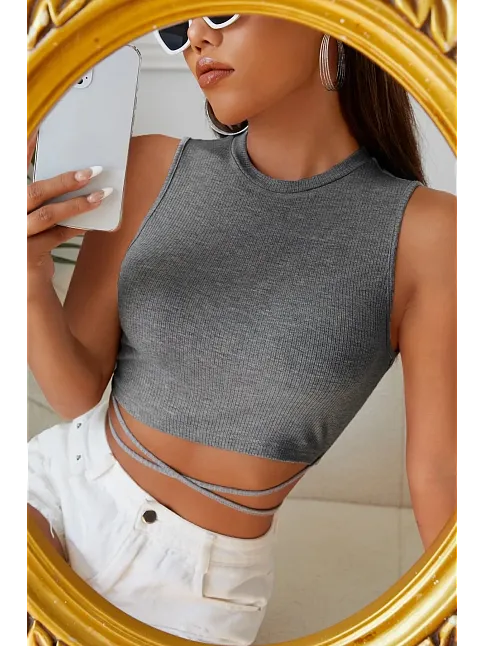 Kadın Gri Çapraz Bağlamalı Crop Top Büstiyer – Modern Ve Şık Tasarım