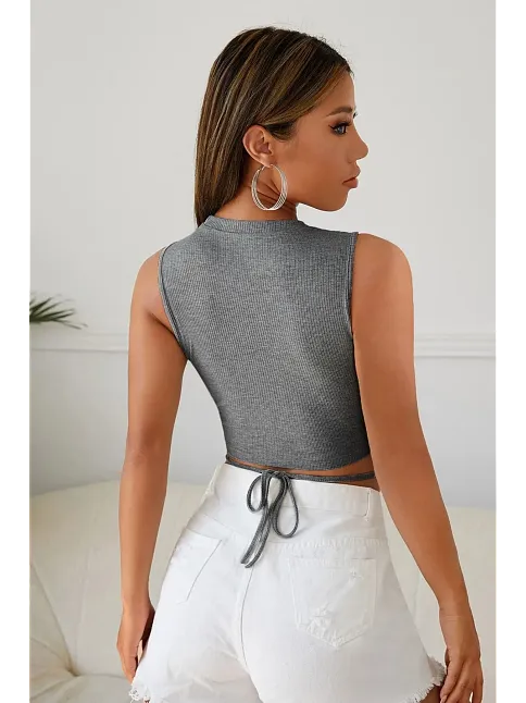 Kadın Gri Çapraz Bağlamalı Crop Top Büstiyer – Modern Ve Şık Tasarım