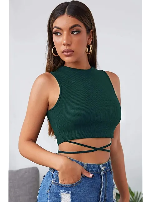 Kadın Yeşil Çapraz Bağlamalı Crop Top Büstiyer – Modern Ve Şık Tasarım