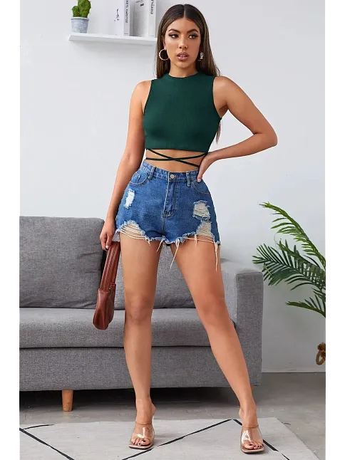 Kadın Yeşil Çapraz Bağlamalı Crop Top Büstiyer – Modern Ve Şık Tasarım