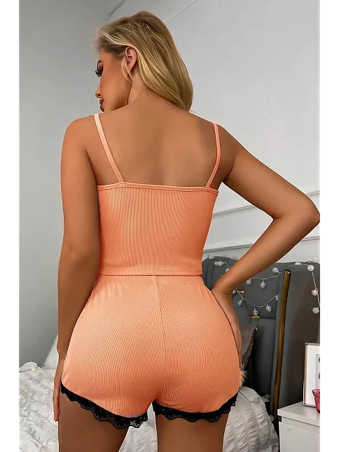 Kadın Mercan Pembe Alt Ve Üst Dantel Detaylı Şortlu Gecelik Takımı