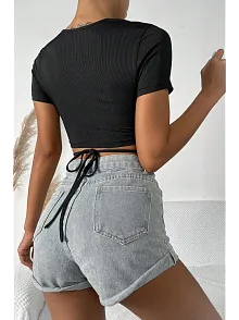 Kadın Siyah Yarım Kol Çapraz Bağlamalı Crop Top Bluz – Şık, Rahat Ve Kolay Kombinlenebilir