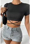Kadın Siyah Yarım Kol Çapraz Bağlamalı Crop Top Bluz – Şık, Rahat Ve Kolay Kombinlenebilir