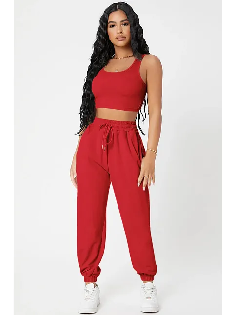 Kadın Kırmızı Kaşkorse Cepli Jogger Eşofman Altı Ve Crop Top Bluz – Şık, Rahat Ve Kolay Kombinlenebilir