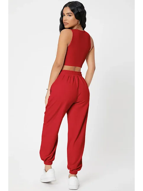 Kadın Kırmızı Kaşkorse Cepli Jogger Eşofman Altı Ve Crop Top Bluz – Şık, Rahat Ve Kolay Kombinlenebilir
