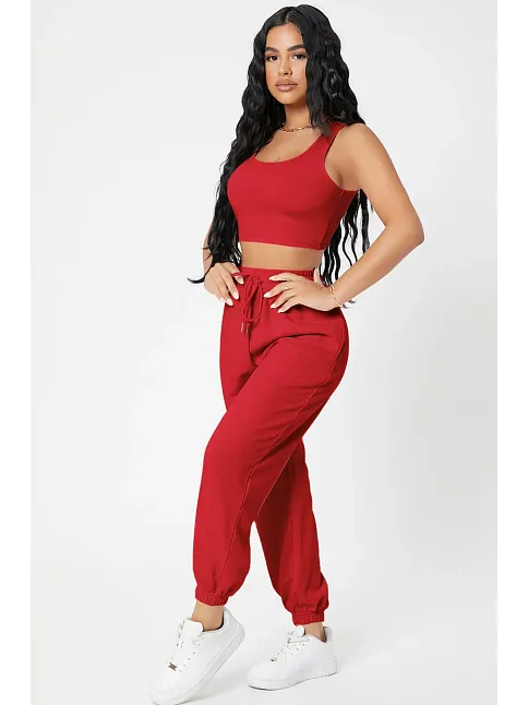 Kadın Kırmızı Kaşkorse Cepli Jogger Eşofman Altı Ve Crop Top Bluz – Şık, Rahat Ve Kolay Kombinlenebilir
