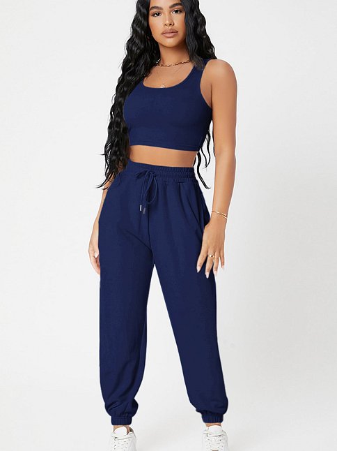 Kadın Lacivert Kaşkorse Cepli Jogger Eşofman Altı Ve Crop Top Bluz – Şık, Rahat Ve Kolay Kombinlenebilir