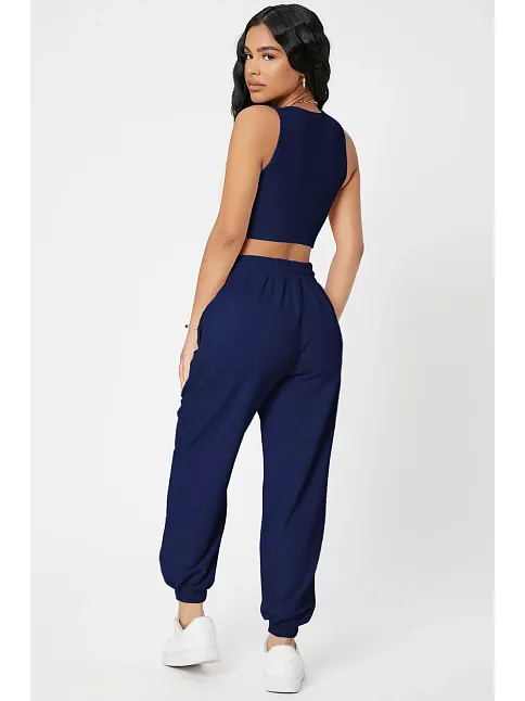 Kadın Lacivert Kaşkorse Cepli Jogger Eşofman Altı Ve Crop Top Bluz – Şık, Rahat Ve Kolay Kombinlenebilir
