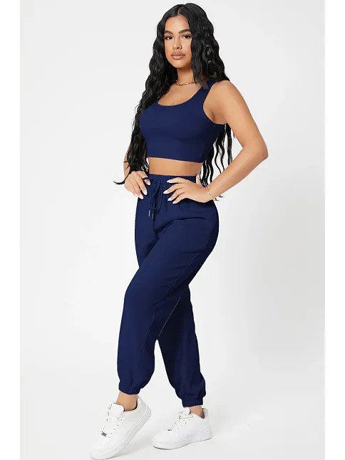 Kadın Lacivert Kaşkorse Cepli Jogger Eşofman Altı Ve Crop Top Bluz – Şık, Rahat Ve Kolay Kombinlenebilir