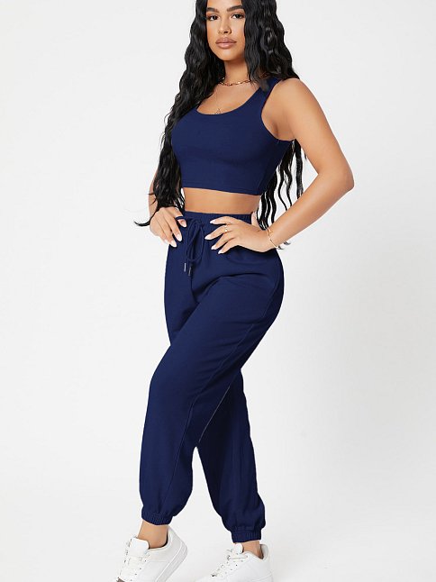 Kadın Lacivert Kaşkorse Cepli Jogger Eşofman Altı Ve Crop Top Bluz – Şık, Rahat Ve Kolay Kombinlenebilir