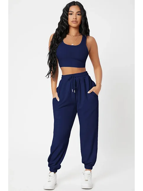 Kadın Lacivert Kaşkorse Cepli Jogger Eşofman Altı Ve Crop Top Bluz – Şık, Rahat Ve Kolay Kombinlenebilir