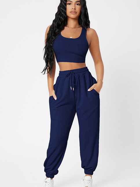 Kadın Lacivert Kaşkorse Cepli Jogger Eşofman Altı Ve Crop Top Bluz – Şık, Rahat Ve Kolay Kombinlenebilir