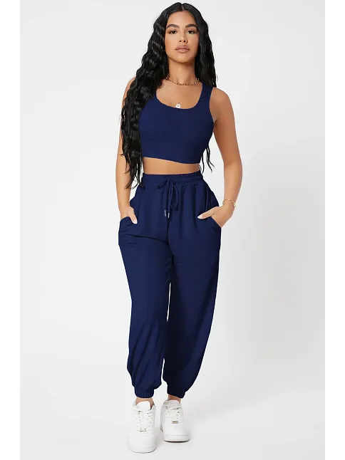 Kadın Lacivert Kaşkorse Cepli Jogger Eşofman Altı Ve Crop Top Bluz – Şık, Rahat Ve Kolay Kombinlenebilir