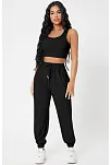 Kadın Siyah Kaşkorse Cepli Jogger Eşofman Altı Ve Crop Top Bluz