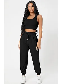 Kadın Siyah Kaşkorse Cepli Jogger Eşofman Altı Ve Crop Top Bluz