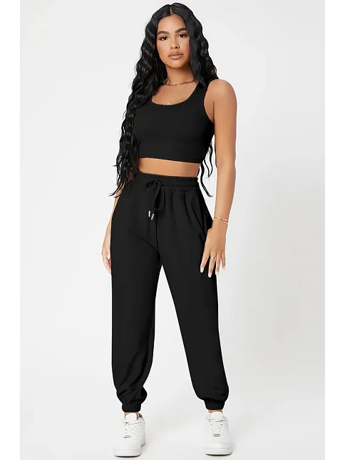 Kadın Siyah Kaşkorse Cepli Jogger Eşofman Altı Ve Crop Top Bluz
