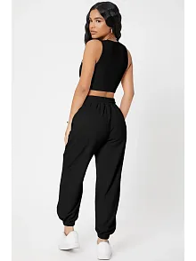 Kadın Siyah Kaşkorse Cepli Jogger Eşofman Altı Ve Crop Top Bluz