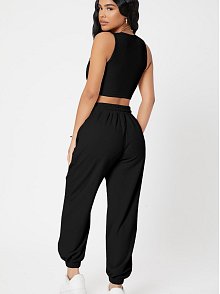 Kadın Siyah Kaşkorse Cepli Jogger Eşofman Altı Ve Crop Top Bluz