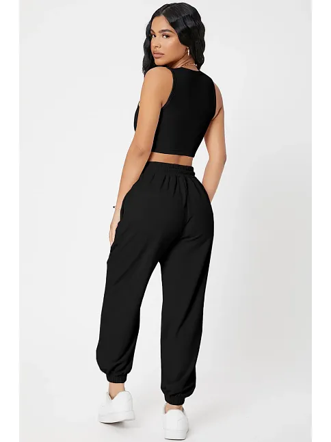 Kadın Siyah Kaşkorse Cepli Jogger Eşofman Altı Ve Crop Top Bluz