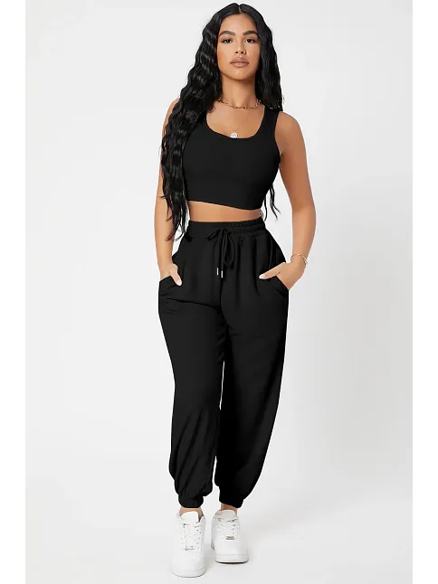 Kadın Siyah Kaşkorse Cepli Jogger Eşofman Altı Ve Crop Top Bluz