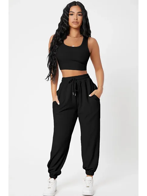Kadın Siyah Kaşkorse Cepli Jogger Eşofman Altı Ve Crop Top Bluz