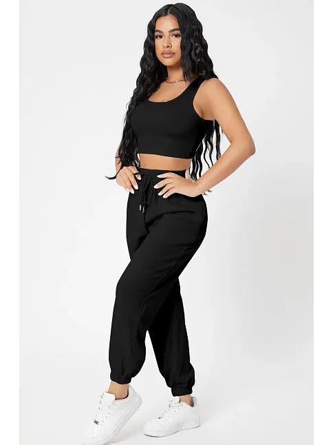Kadın Siyah Kaşkorse Cepli Jogger Eşofman Altı Ve Crop Top Bluz