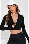 Kadın Siyah Uzun Kol Fermuarlı Parmak Geçme Detaylı Dik Yaka Crop Top Bluz
