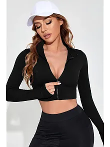 Kadın Siyah Uzun Kol Fermuarlı Parmak Geçme Detaylı Dik Yaka Crop Top Bluz