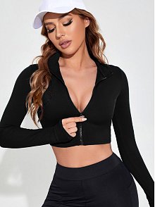 Kadın Siyah Uzun Kol Fermuarlı Parmak Geçme Detaylı Dik Yaka Crop Top Bluz