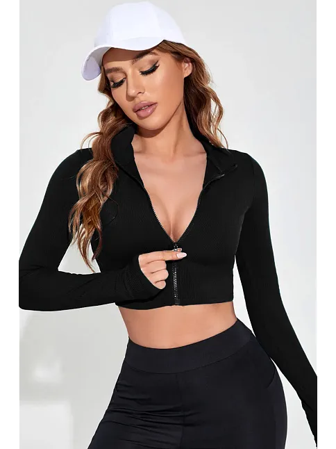 Kadın Siyah Uzun Kol Fermuarlı Parmak Geçme Detaylı Dik Yaka Crop Top Bluz