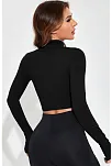 Kadın Siyah Uzun Kol Fermuarlı Parmak Geçme Detaylı Dik Yaka Crop Top Bluz