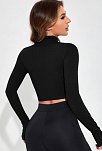 Kadın Siyah Uzun Kol Fermuarlı Parmak Geçme Detaylı Dik Yaka Crop Top Bluz