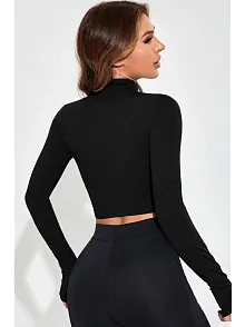 Kadın Siyah Uzun Kol Fermuarlı Parmak Geçme Detaylı Dik Yaka Crop Top Bluz