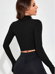 Kadın Siyah Uzun Kol Fermuarlı Parmak Geçme Detaylı Dik Yaka Crop Top Bluz