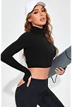Kadın Siyah Uzun Kol Fermuarlı Parmak Geçme Detaylı Dik Yaka Crop Top Bluz