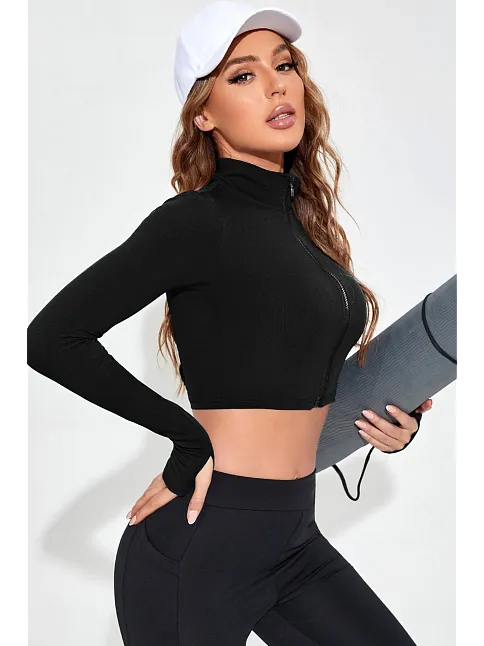 Kadın Siyah Uzun Kol Fermuarlı Parmak Geçme Detaylı Dik Yaka Crop Top Bluz