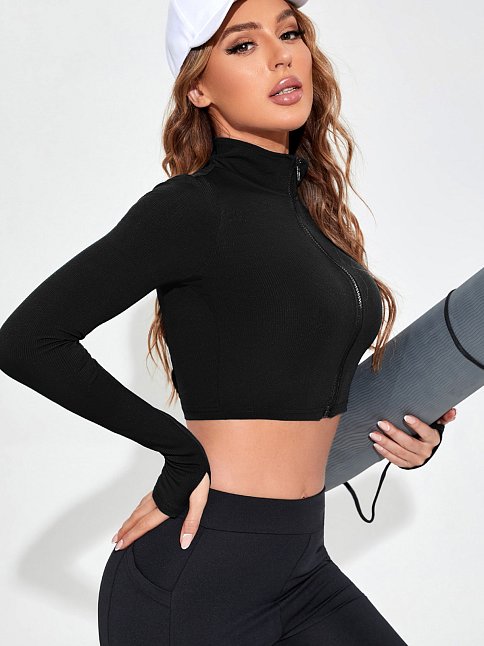 Kadın Siyah Uzun Kol Fermuarlı Parmak Geçme Detaylı Dik Yaka Crop Top Bluz