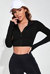 Kadın Siyah Uzun Kol Fermuarlı Parmak Geçme Detaylı Dik Yaka Crop Top Bluz