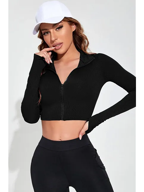 Kadın Siyah Uzun Kol Fermuarlı Parmak Geçme Detaylı Dik Yaka Crop Top Bluz