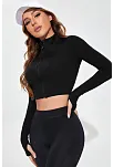 Kadın Siyah Uzun Kol Fermuarlı Parmak Geçme Detaylı Dik Yaka Crop Top Bluz