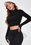 Kadın Siyah Uzun Kol Fermuarlı Parmak Geçme Detaylı Dik Yaka Crop Top Bluz