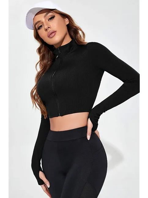 Kadın Siyah Uzun Kol Fermuarlı Parmak Geçme Detaylı Dik Yaka Crop Top Bluz