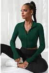 Kadın Yeşil Uzun Kol Fermuarlı Parmak Geçme Detaylı Dik Yaka Crop Top Bluz
