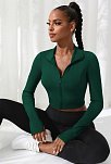 Kadın Yeşil Uzun Kol Fermuarlı Parmak Geçme Detaylı Dik Yaka Crop Top Bluz