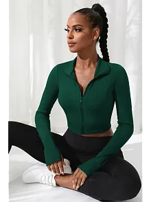 Kadın Yeşil Uzun Kol Fermuarlı Parmak Geçme Detaylı Dik Yaka Crop Top Bluz