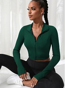 Kadın Yeşil Uzun Kol Fermuarlı Parmak Geçme Detaylı Dik Yaka Crop Top Bluz