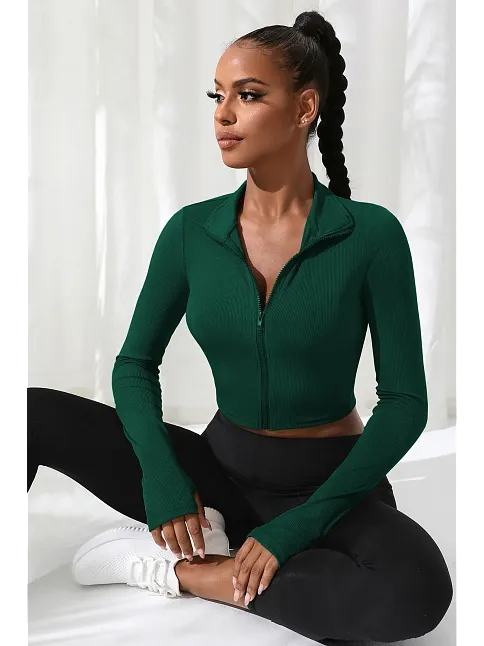 Kadın Yeşil Uzun Kol Fermuarlı Parmak Geçme Detaylı Dik Yaka Crop Top Bluz
