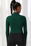 Kadın Yeşil Uzun Kol Fermuarlı Parmak Geçme Detaylı Dik Yaka Crop Top Bluz