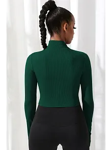 Kadın Yeşil Uzun Kol Fermuarlı Parmak Geçme Detaylı Dik Yaka Crop Top Bluz